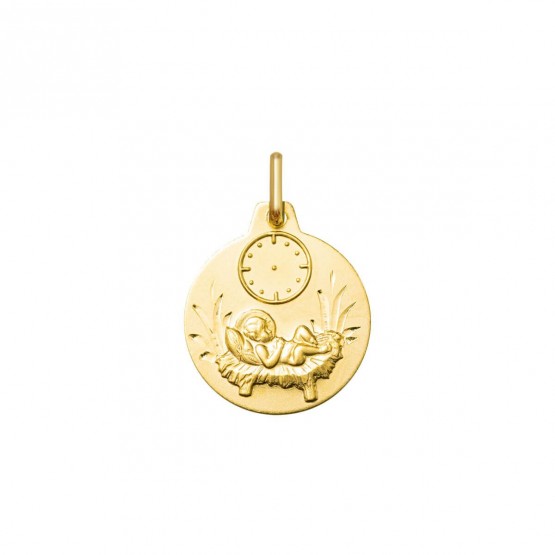 Medalla de oro 18k redonda niño Jesús con reloj