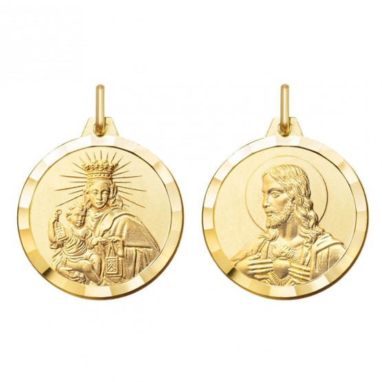 Escapulario Virgen del Carmen y Sagrado Corazón en plata dorada
