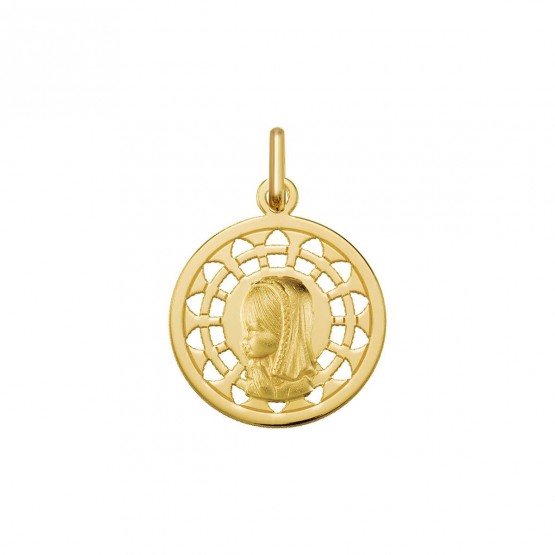 Medalla comunión Virgen niña con orla plata dorada