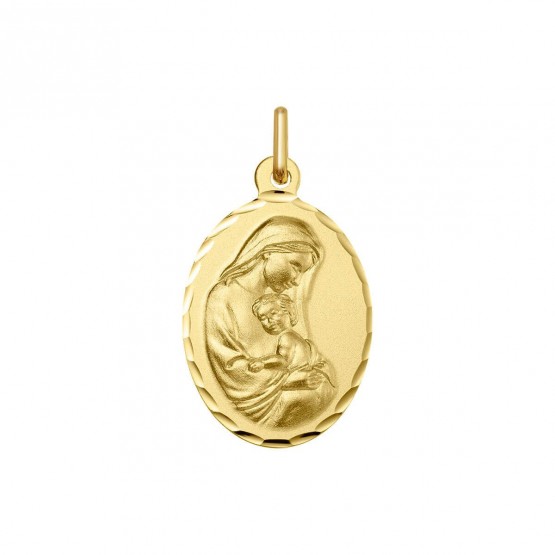 Medalla de oro ovalada de la Virgen María y el niño Jesús